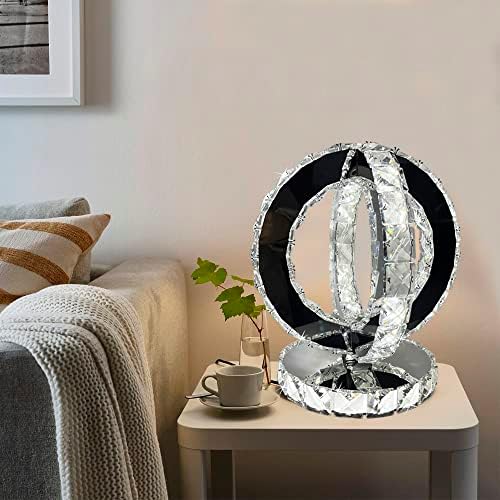 מנורת שולחן קריסטל מכסף Hmrcyte, עגול K9 יהלום מנורת מיטה גדולה עם LED עם 3 מצבי צבע