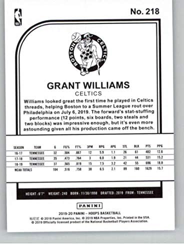 2019-20 Panini Hoops 218 גרנט וויליאמס בוסטון סלטיקס RC טירון NBA כרטיס מסחר בכדורסל