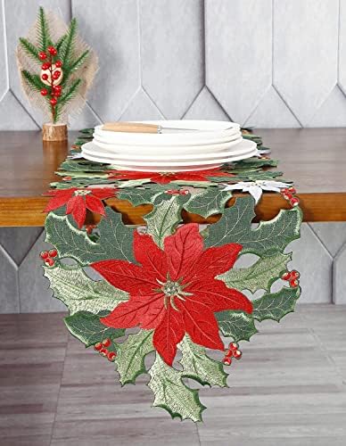 סבא לחג המולד שולחן חג המולד רץ למסיבות בית חווה רקום אדום חג המולד פרחים מחליש צעדים חג המולד בית מטבח שולחן