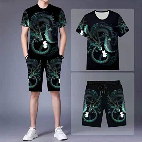 חליפת קיץ לגברים תלת מימד דרקון ירוק פיניקס דפוס חולצת טריקו + מכנסיים קצרים 2 חלקים