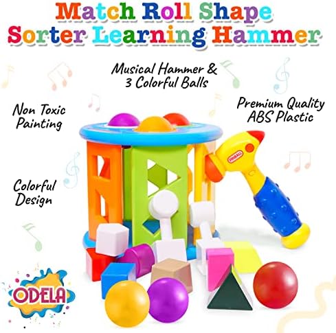 סדרן צורה של אודלה גפרור - לומד צעצועים עם 10 חלקים בצורת - צעצוע חינוכי עם שלושה כדורים ופטיש מוזיקלי