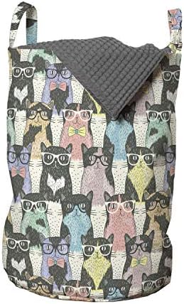 שק כביסה לחתול אמבסון, דפוס בסגנון רטרו עם חתולים משקפי שמש היפסטר עניבות פרפר בסגנון וינטג 'מצויר ביד,