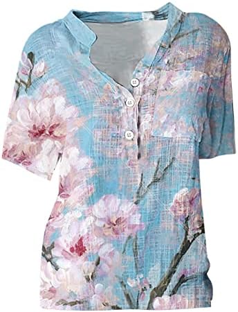 טוניקת חולצה לחולצת נשים קיץ שרוול קצר חולצות פרחים פרחי גרפיקה מודפסת חולצת כפתור שרוול קצר עם כיסים