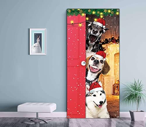 כיסוי דלת חג מולד שמח מצחיק באנר גדול של כלבי סנטה חמוד לדלת הכניסה לחג המולד של חג המולד ציוד