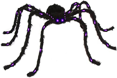 Foimas 4.1ft Challoweend Light Up Spider, עכביש פרוותי שחור עם אורות סגולים לחצר חיצונית מקורה קישוט מסיבת