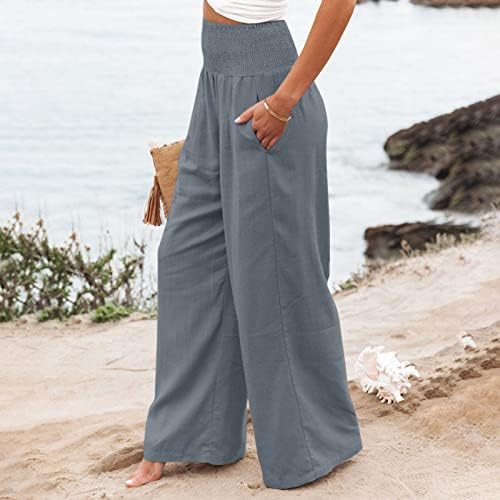 מכנסי קינגאוגו מכנסי פשתן מותניים גבוהים פנטלון מכנסי רגל רחבים לנשים מכנסי מכנסיים אלסטיים פלאצו מכנסיים