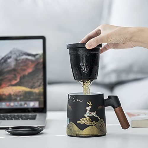 ספל תה קרמיקה טאוצ'י עם כוס תה ותה מכסה הר צבי הירח הר יצירתי ספל קפה עיצוב מובלט עם מסננת וידית עץ