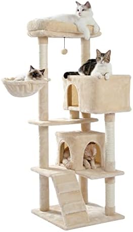 רב תפקודי חתול עץ מגדל עם סיסל גרוד, 2 מפנק דירות, למעלה מוט, ערסל, טיפוס סולם ומתנדנד כדור בז'