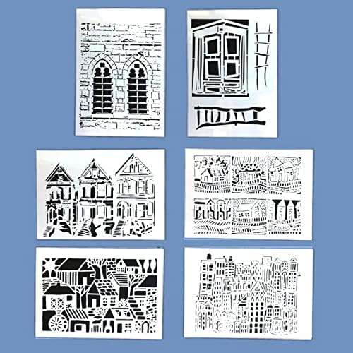6 חתיכות בניין בית שבלונות עבור ציור לשימוש חוזר העיר כפרי ארכיטקטורת שכבות סטנסיל עשה זאת בעצמך שירבוטים צביעה