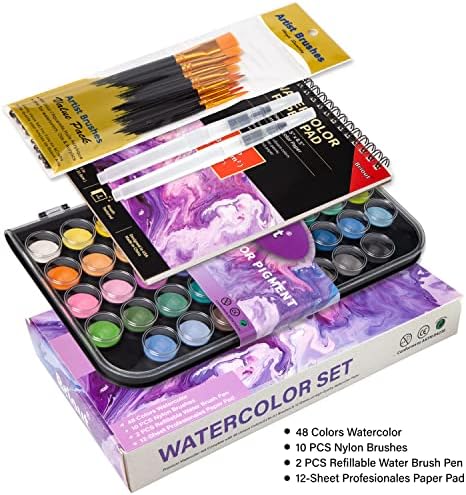 צבע בצבעי מים סט, בריאוט 48 צבעים צבעי מים עם 10 מברשות צבע,2 למילוי חוזר מים מברשת עט, 12 גיליונות