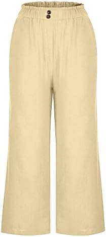 מכנסי Lcziwo לנשים פשתן כותנה אלסטית מכנסיים מותניים גבוהים כפתור במורד רגל רחבה מכנסיים מחודדים ארוכים עם
