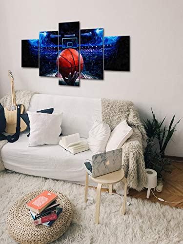 בית אהבה 5 פנל מודרני כדורסל בד הדפסת ספורט קיר אמנות כחול רקע כדור משחק ציור לחדר כושר ילד חדר שינה דקור גלריה