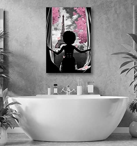 אמנות קיר אפריקאית אמריקאית ילדה שחורה פרחים ורודים בד הדפסים מודרניים בשחור לבן קיר קיר אמנות אופנה פריז
