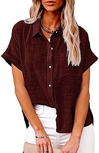 נשים פשתן כותנה למעלה 2023 שרוול קצר עמוק V כפתור צוואר גבוה למטה חולצת חולצה בסיסית לבנות סתיו סתיו