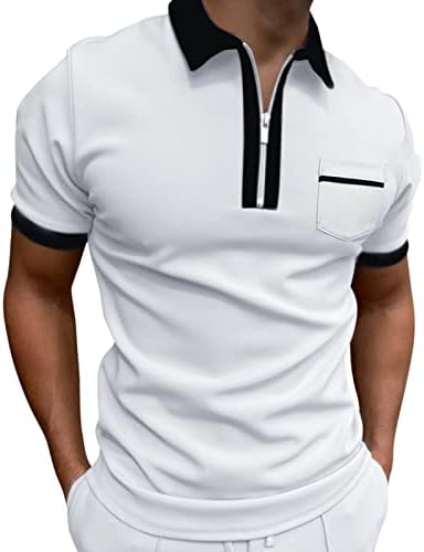 חולצות פולו מזדמנות של XXBR לגברים רוכסן צוואר שרוול קצר צמרות גולף גולף קיץ בלוק טלאים חולצה