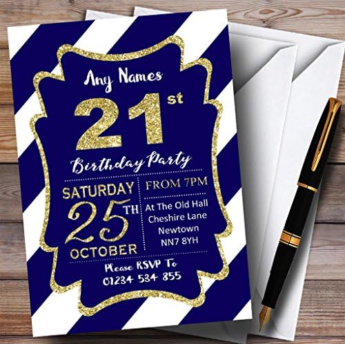 פסים אלכסוניים לבנים כחולים זהב 21 הזמנות למסיבת יום הולדת בהתאמה אישית