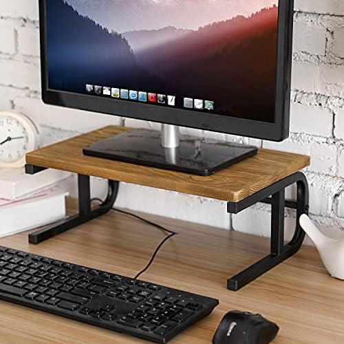 מעמד צג שולחן מעץ מלא שרוף כפרי ומשכים מעמד מחשב נייד שולחני עם מסגרת מתכת שחורה