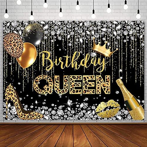 סנדלי 7x5ft יום הולדת מלכה מלכה לאישה נערת נורה שחור וזהב יהלום בלון בלון שמפניה צילום רקע נשף קישוטי