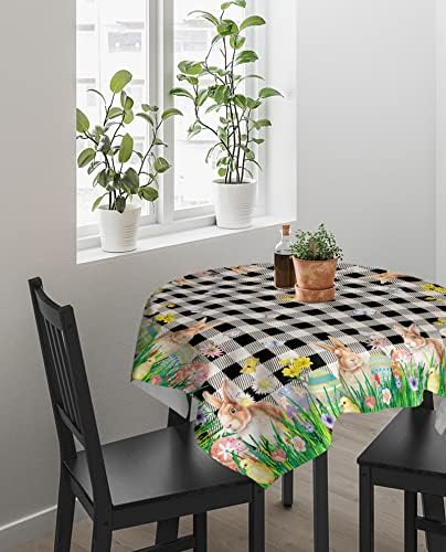 מפת שולחן פסחא - 60x60in ארנב פסחא וביצים שולחן עץ צבעוני לשולחנות עגולים מרובעים, בד שולחן פוליאסטר אטום