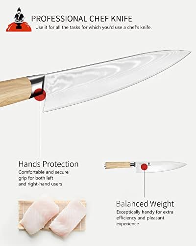 סכין שף יפני ברודארק, סכין שף דמשק VG10 ליבת פלדה 8 אינץ 'עם ידית עץ זית, סכין מטבח נירוסטה פחמן
