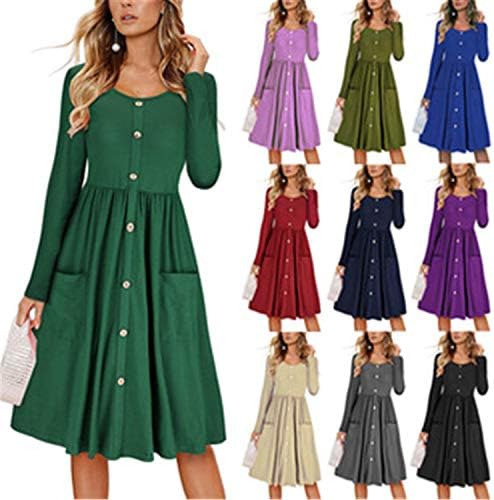 Andongnywell בצבע אחיד של נשים שמלות חולצת טי קיץ מזדמן כפתור שרוול ארוך שמלת נדנדה עם כיסים