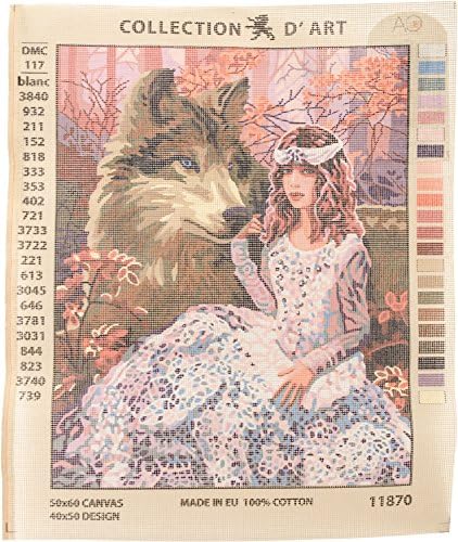 אוסף אמנות רקמה מודפס שטיח בד 60 על 50 ס מ-ילדה, ילדה עם זאב