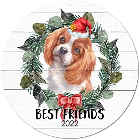 שלט פח מתכת עגולה לוח פרחוני זר פרחוני כלב החברים הכי טובים שלט חג חג המולד פוסטר מתכת פוסטר