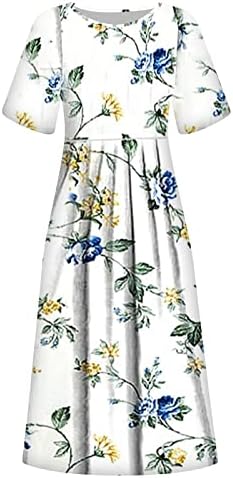 JJHaevdy לנשים שרוול קצר הדפס פרחוני טוניקה מזדמנים שמלות נדנדה עגול חולצת קיץ שונות עם כיסים