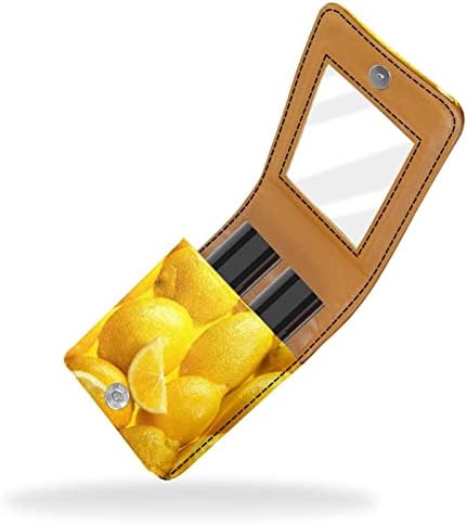 פירות לימונים מרקם צהוב שפתון מקרה עם מראה עבור ארנק מיני שפתון מחזיק ארגונית תיק נסיעות קוסמטי פאוץ, 9. 5