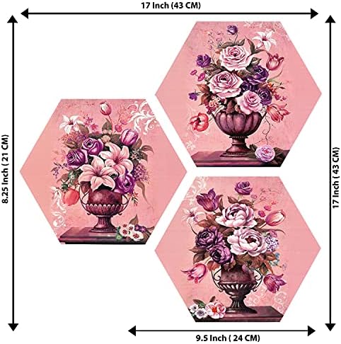 סט אינדיארה של 3 ורדים צבעוניים בציור Port Hexagon Pieces MDF ללא זכוכית
