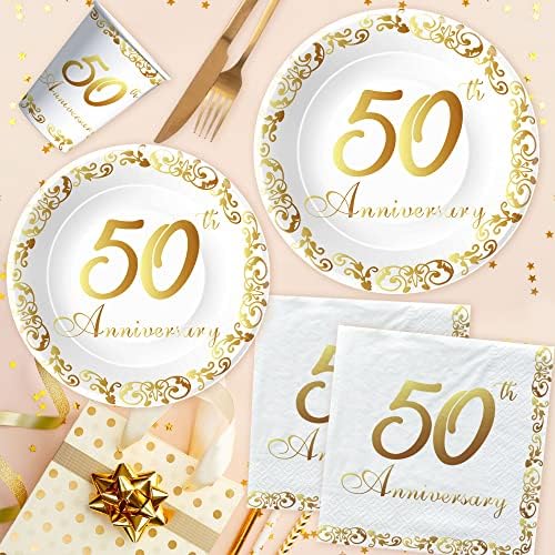 Apowbls זהב 50 צלחות יום נישואין לוחות ומסיבות כוסות - קישוטים לקישוטים של 50 שנה לכלי אוכל, צלחת,