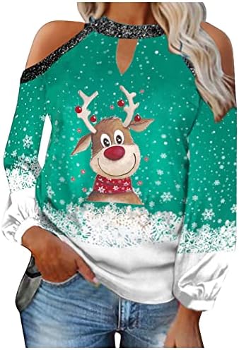 נשים קר כתף חור מנעול צוואר פנס ארוך שרוול חג המולד חולצות כושר רופף חג המולד בסוודרים סתיו חולצות חולצות