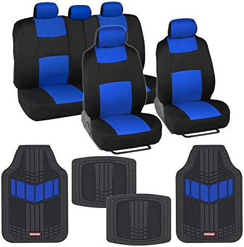 BDK מכסה מושב רכב פוליפרו דו-גווני מכסה מלא עם מגמה מנועית מחצלות רצפת מכוניות גומי כבדות, שחור וכחול-כיסויי