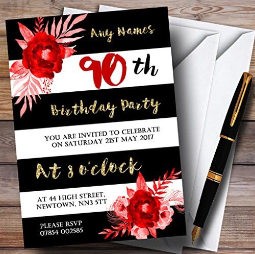 פרח אדום פסים לבן שחור פסים אדום 90 הזמנות למסיבת יום הולדת בהתאמה אישית