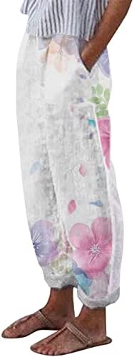 מכנסי הרמון של Xinshide נשים הדפסת פרחים מזדמנים מכנסי פשתן רחבים עם כיסי החלקה בוהו רופף בכושר מותניים