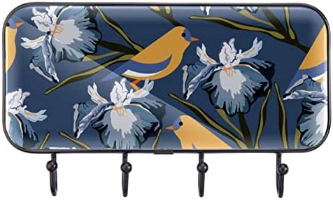 ציפורי פרח כחול כהה עופות מעיל הדפס קיר קיר קיר, מתלה מעיל כניסה עם 4 חיבור לעיל מעיל גלימות ארנק חדר אמבטיה