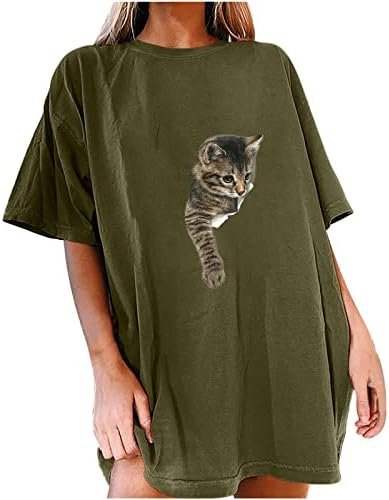 גדול חולצות לנשים קצר שרוולים קיץ חולצות חולצה יפה חתול מודפס עגול צוואר רופף מזדמן מתגנדר חולצות