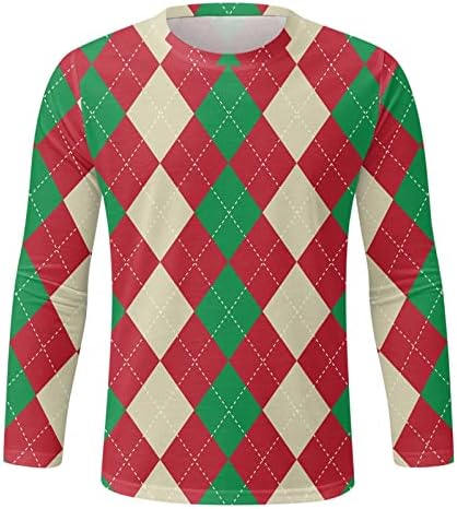 חולצות טריקו של שרוול ארוך של Wocachi לחג המולד לגברים, חג המולד 3D גיאומטרי הדפס גרפי דפוס צוואר צוואר