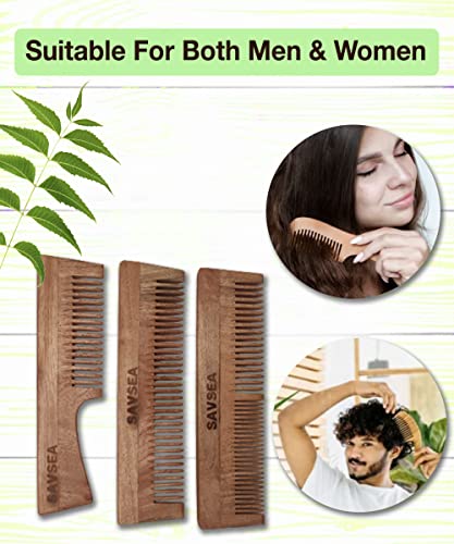 מסרק עץ של Savsea לנשים, חבילה של 3 מסרק עץ של נם לגברים, שיניים רחבות ורך veem מסרק עץ לצמיחת שיער וחבילת