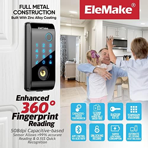 נעילת דלת חכמה של Elemake - WiFi חכם Deadbolt, מנעול טביעות אצבע ללא מפתח ללא מפתח למנעול טביעות אצבע לדלת