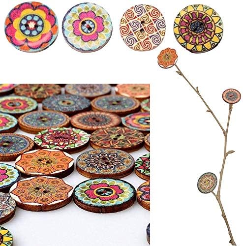 כפתורי עץ של יויווו 400 יח ', ציור פרחים אקראי מעורב עגול 2 חורים כפתורי עץ דקורטיביים ליצירה