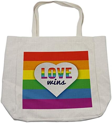 תיק קניות של Ambesonne Pride, דגל קשת עם פסים לב עם אהבה מנצח טקסט טקסט תרבות להטבים צבעוניים, תיקים