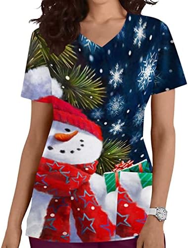 חולצות קרצוף לחג המולד לנשים בגדי עבודה עם כיסים חולצות עבודה לחג סתיו סקראבס עטיפה מדומה שרוול
