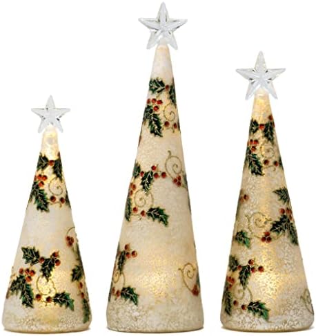 רד ושות 'זכוכית עץ חג המולד קישוטי צלמולים עם נורות LED, עיצוב עונת החגים המוארת-הולי ברי בכסף-סט