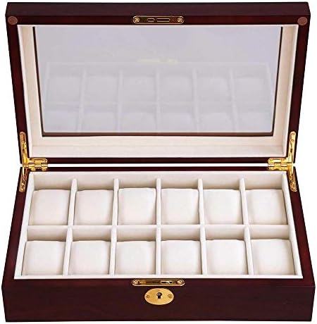 אקסונל 12 חריצים קופסת תצוגת שעון מעץ עם מכסה זכוכית ומפתח נעילה, מארגן אחסון של אוסף שעונים ותכשיטים, מארגן