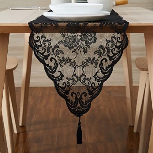 עיצובים ביתיים חמים באורך קצר 14 x 48 רץ שולחן שחור. רץ שולחן תחרה כולל עיצוב ורדים ו -2 גדילים מחוברים.
