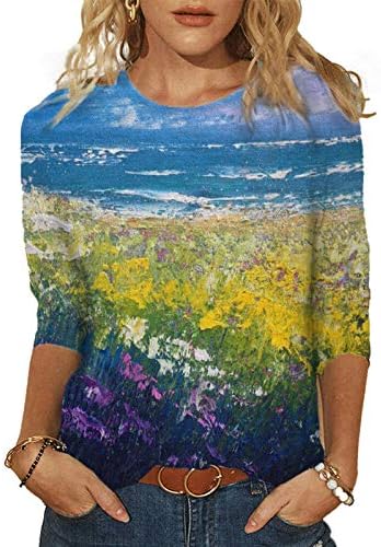נשים אופנה חולצה ציור גרפי הדפסת חולצות צווארון עגול 3/4 שרוולים חולצות 2023 אביב קיץ חולצות