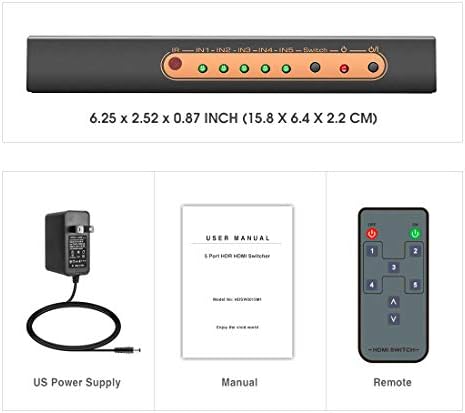 מתג HDMI של Roofull 5 ב- 1 Out 4K@60Hz, 5 יציאה HDMI בורר מתג עם מרחוק, תומך במיתוג אוטומטי