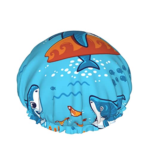 נשים לשימוש חוזר כובע שיער שולי כובע מתחת למים כרישים מצוירים חמודים שכבות כפולות כובע מכסה אמבטיה למקלחת אטום