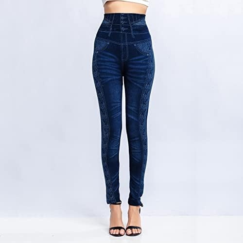 יוגה מכנסיים גבוהה מותן עם כיסי נשים אלסטי ג 'ינס חותלות תרמית פס הדפסת חיקוי ג' ינס חותלות גרביונים